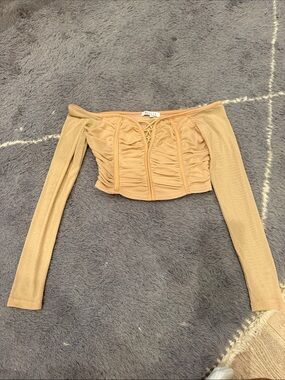 Sheered Beige Off-Shoulder Ruched Crop Top